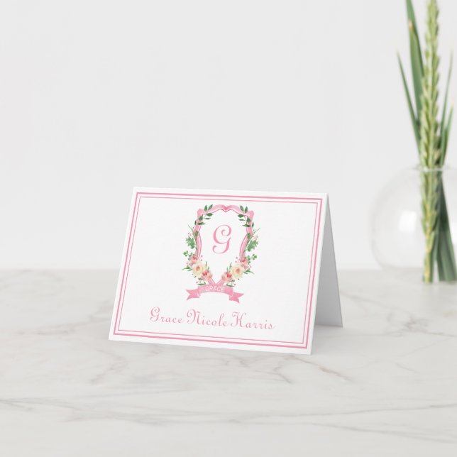 Pink florales Wappen geklappt Danke Karte (Vorderseite)
