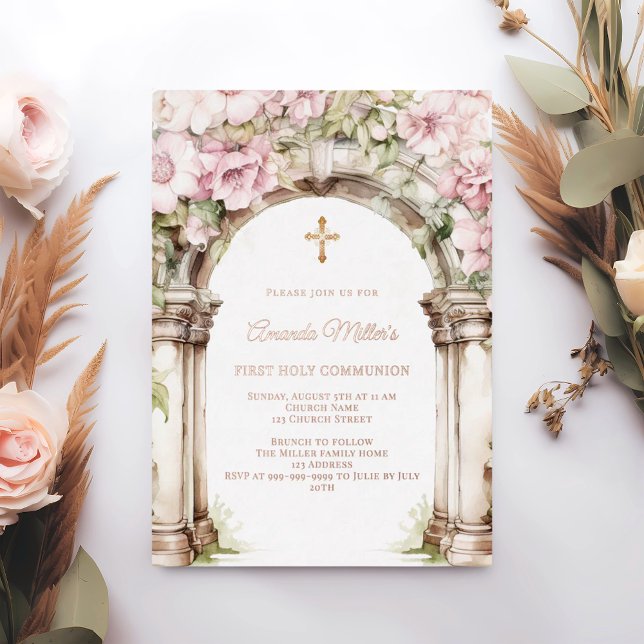 Pink florals arch girl First Communion rose gold Folieneinladung (Von Creator hochgeladen)