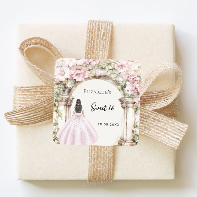 Pink florals marble arch dress Sweet 16 Quadratischer Aufkleber (Von Creator hochgeladen)
