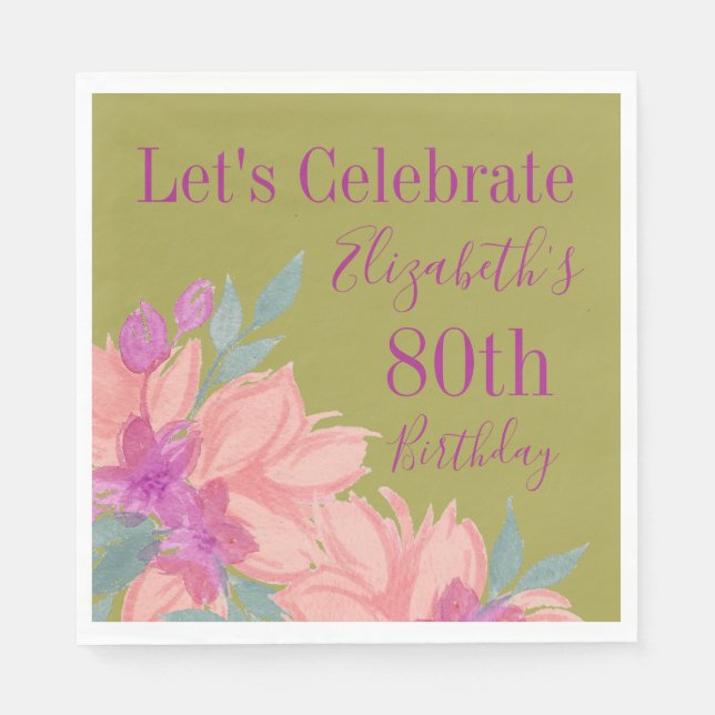 Pink Florals Personalisiert 80. Geburtstag Napkins Serviette (Vorderseite)