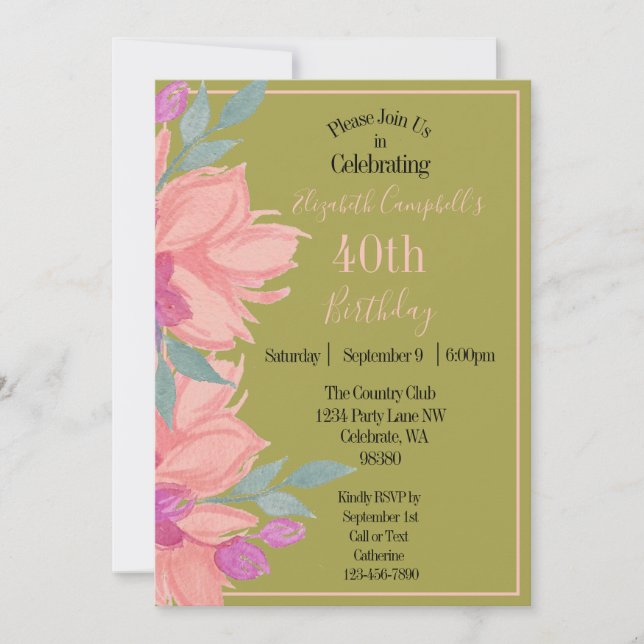 Pink Florals Personalisiert Geburtstag Einladung (Vorderseite)