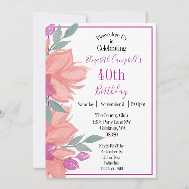 Pink Florals Personalisiert Geburtstag Einladung (Vorderseite)