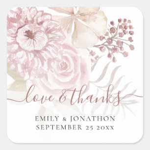 Pink Florals Vielen Dank Namen Datum Hochzeit Quadratischer Aufkleber