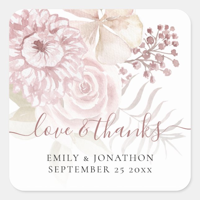 Pink Florals Vielen Dank Namen Datum Hochzeit Quadratischer Aufkleber (Vorderseite)