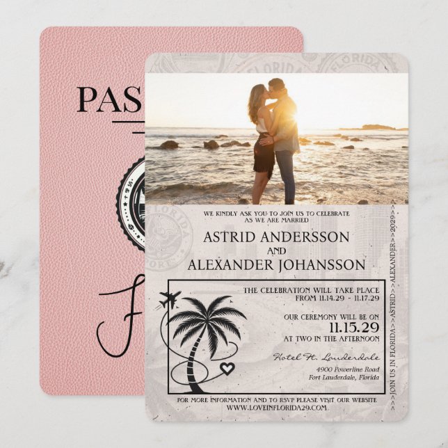 Pink Florida Passport Hochzeit Einladung (Vorne/Hinten)