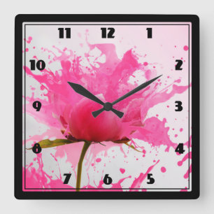 Pink Flower Abstract Paint Splatter Quadratische Wanduhr