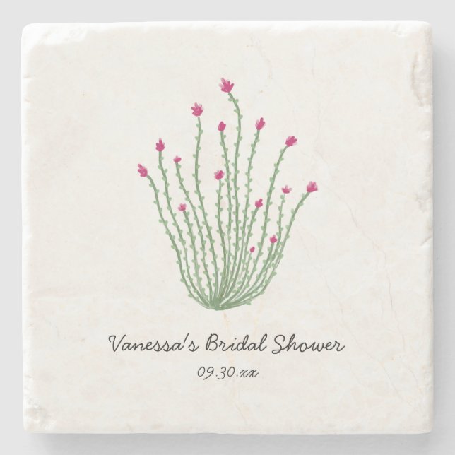 Pink Flower Ocotillo Cactus Bridal Shower Steinuntersetzer (Vorderseite)