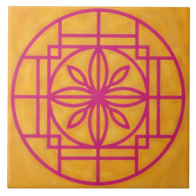 Pink Flower Symbol Decorative Tile on Gold Fliese (Vorderseite)