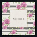 Pink Flowers Black Stripes   Steinuntersetzer<br><div class="desc">Pink Flowers Black Stripes</div>