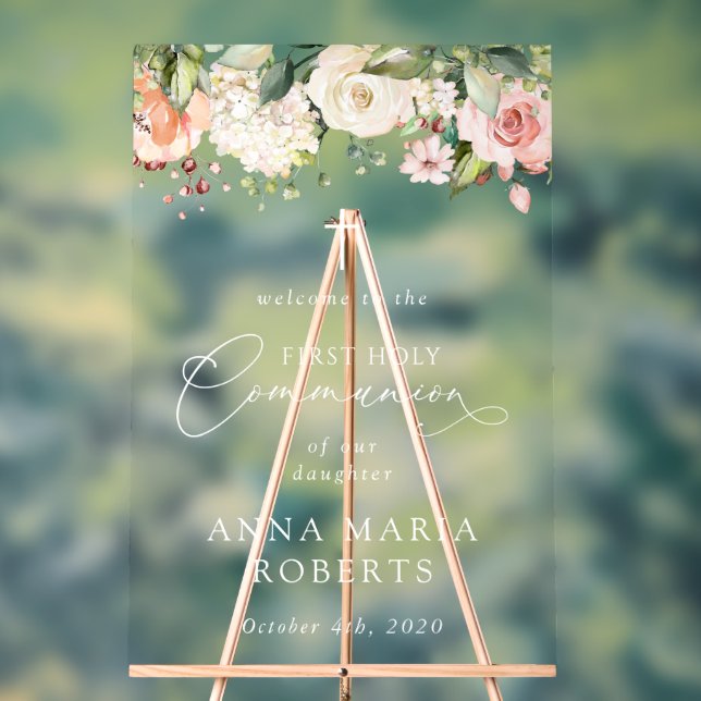 Pink Flowers, Boho, First Holy Communion Welcome Acrylschild (Neutral)