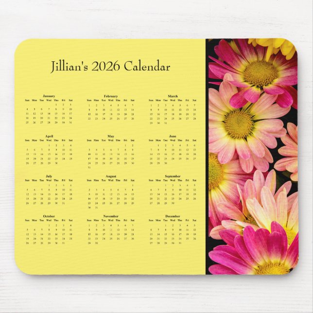 Pink Flowers: Customizable full year 2026 calendar Mousepad (Vorne)