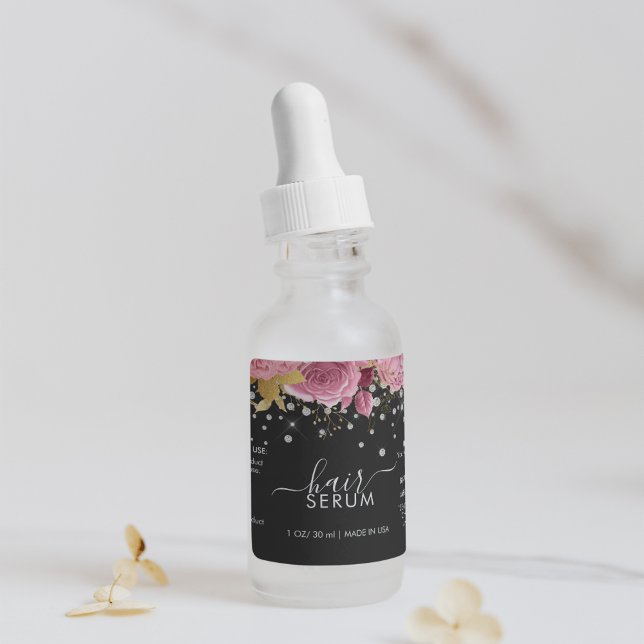 Pink Flowers Diamond Glitter Black Product Label Adressaufkleber (Pink Flowers Diamond Glitter Black Product Labe)