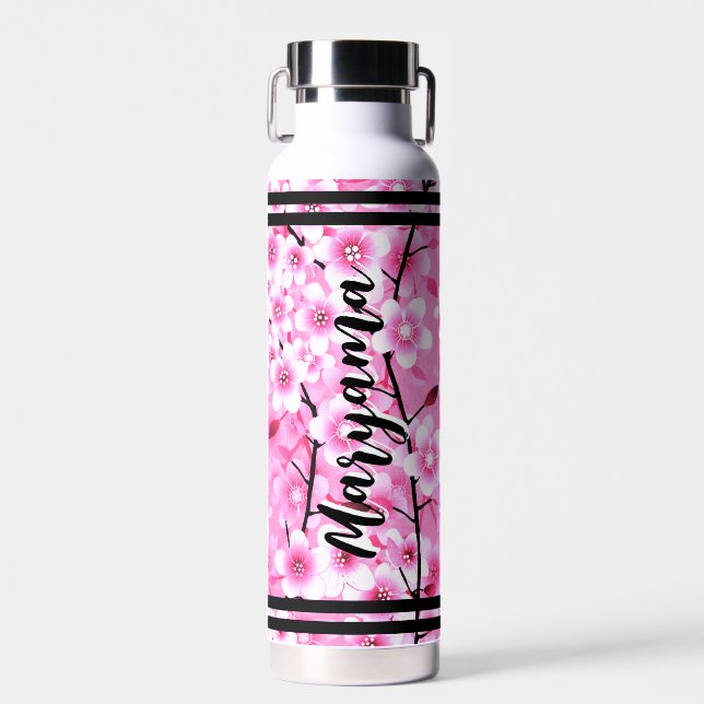 Pink Flowers for Girls | Personalized Name, Floral Trinkflasche (Vorne)