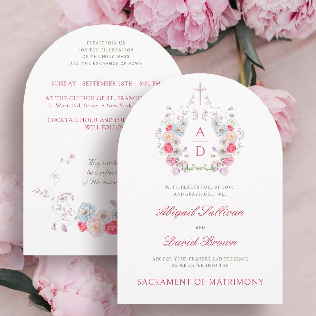 Pink Flowers Frame Catholic Wedding Invitation (Créateur téléchargé)