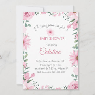 Pink flowers Girl Baby Shower Invitation Einladung
