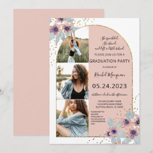 Pink Flowers Glitter Confetti Foto Graduation Einladung