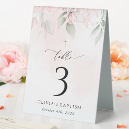 Pink Flowers, Greenery, Baptism Table Numbers Tischaufsteller
