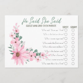 Pink Flowers He Said She Said Bridal Shower Game Hinweiskarte