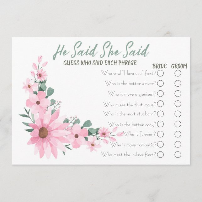 Pink Flowers He Said She Said Bridal Shower Game Hinweiskarte (Vorderseite)