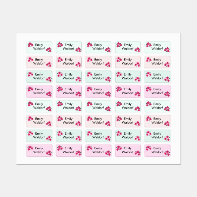 Pink Flowers Kids' Name Clothing School Labels Etiketten (Blatt)