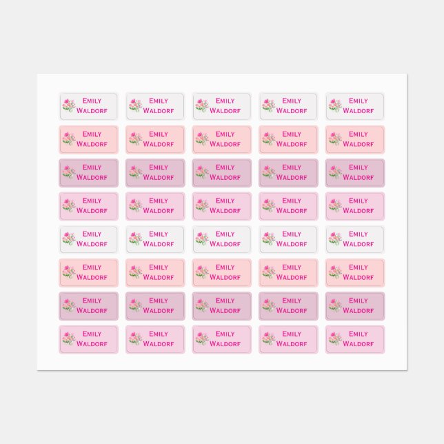 Pink Flowers Kids' Name Clothing School Labels Etiketten (Blatt)