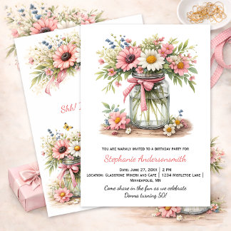 Pink Flowers Mason Jar Birthday Party | Einladung