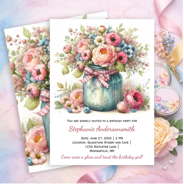 Pink Flowers Mason Jar Birthday Party | Invitation (Créateur téléchargé)