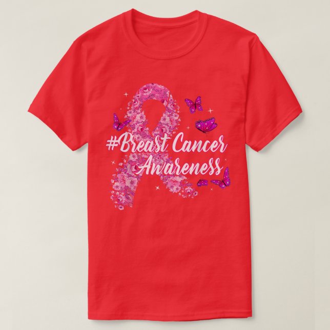 Pink Flowers Ribbon Breast Cancer Awareness  T-Shirt (Design vorne)