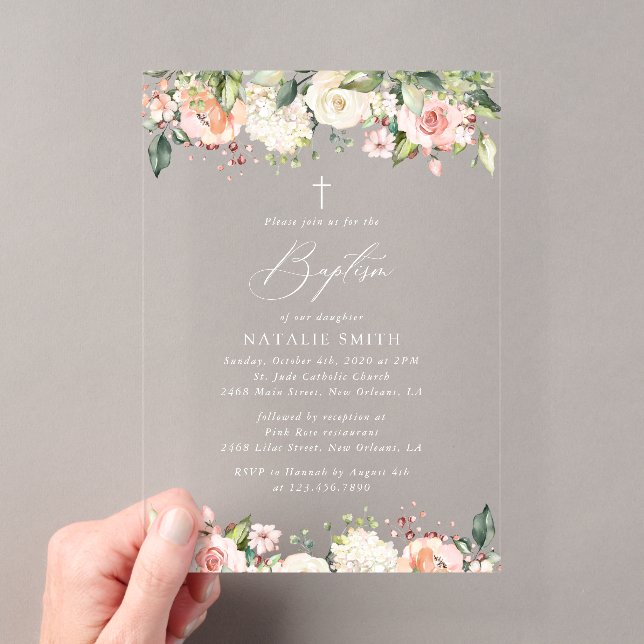 Pink Flowers, White Flowers, Boho, Floral Baptism Acryleinladungen (Insitu (Handheld))