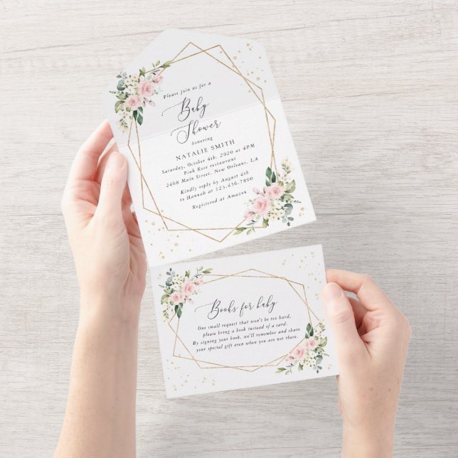 Pink Flowers, White Flowers, Greenery, Baby Shower All In One Einladung (Abreißen)