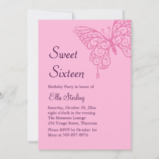 Pink Fluttering Butterfly 16 . Geburtstag Einladun Einladung