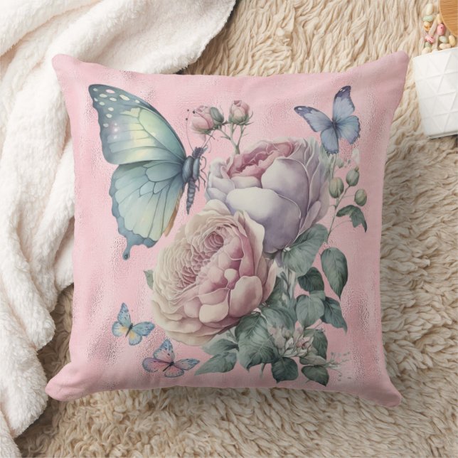Pink Foil Lavender und Pink Peonies and Butterfly Kissen (Decke)