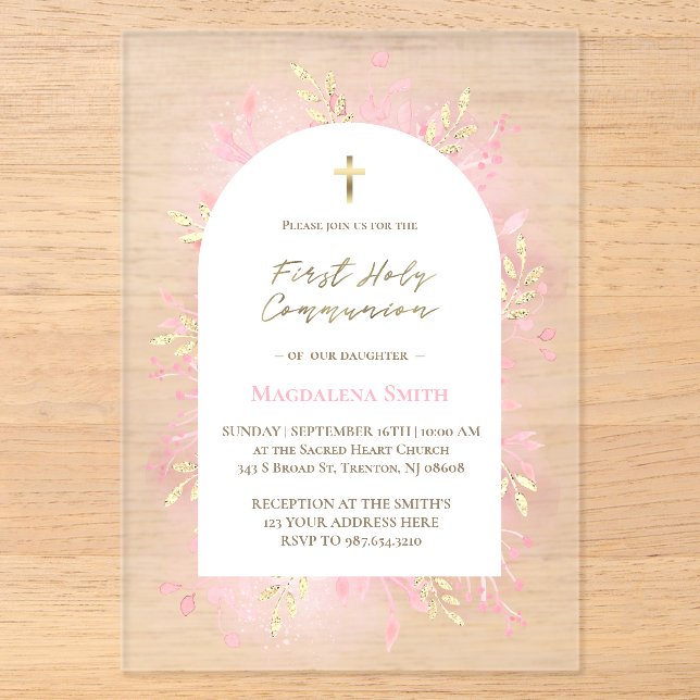 pink foliage First Holy Communion frosted  Acryleinladungen (Vorderseite)