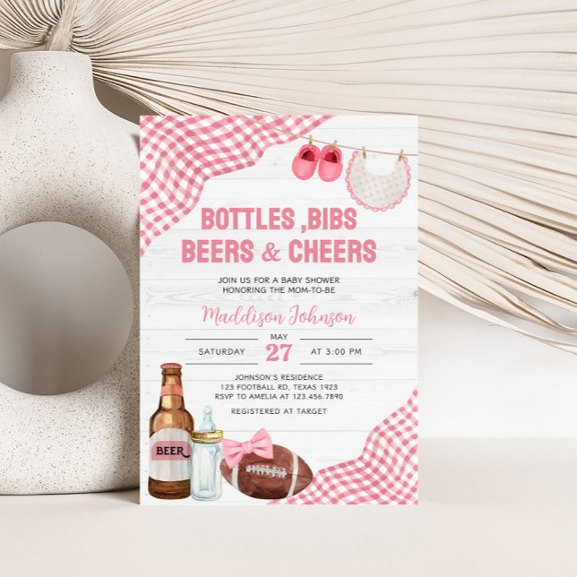 Pink Football Baby Shower Einladung (Bottles, Bibs, Beers & Cheers Baby Shower Invitation)