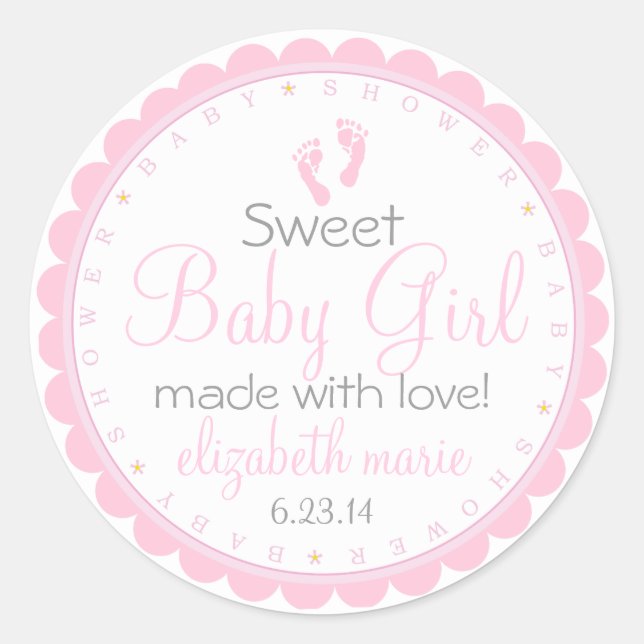 Pink Footprints - Baby Dusche Gefallen Runder Aufkleber (Vorderseite)
