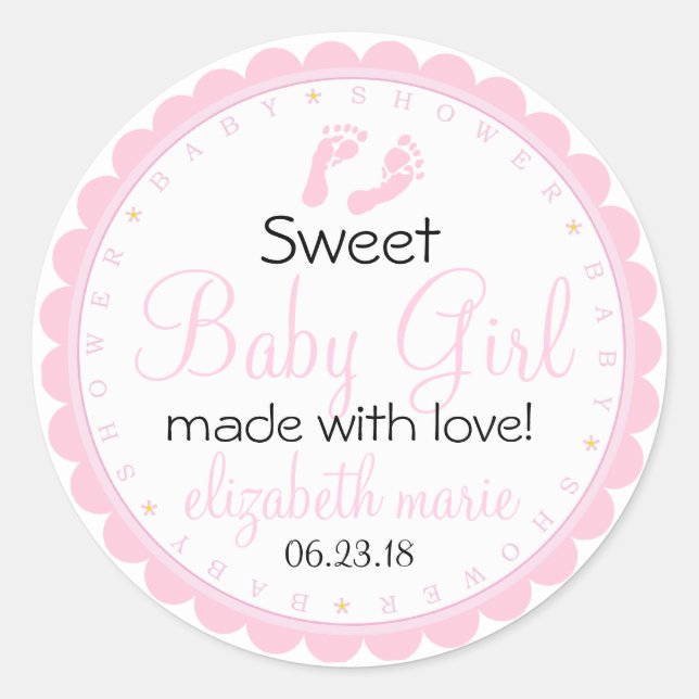 Pink Footprints Baby Dusche Skalierte Gastfreundsc Runder Aufkleber (Vorderseite)