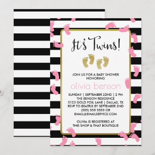 Pink Footprints Black & Gold Twins Baby Dusche Einladung