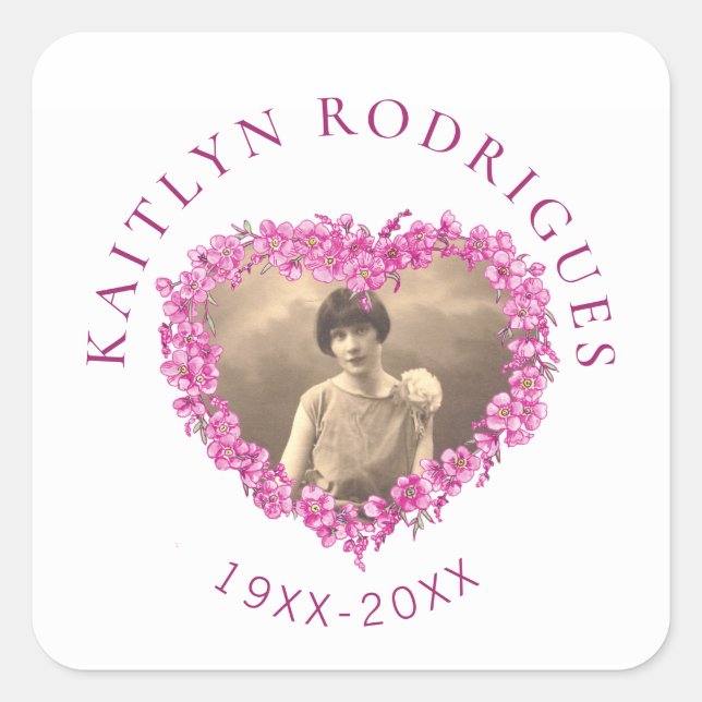 Pink forget-me-not flowers heart foto memorial quadratischer aufkleber (Vorderseite)
