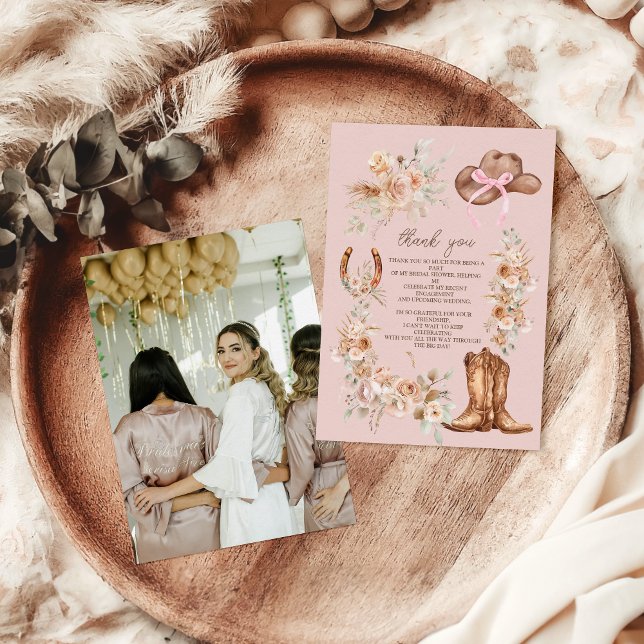 Pink Foto Boho Floral Western Brautparty Dankeskarte (Von Creator hochgeladen)