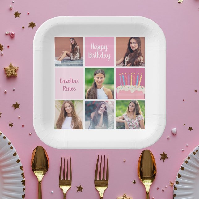 Pink Foto Collage Custom Women's Birthday Party Pappteller (Von Creator hochgeladen)