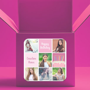 Pink Foto Collage Custom Women's Birthday Party Quadratischer Aufkleber
