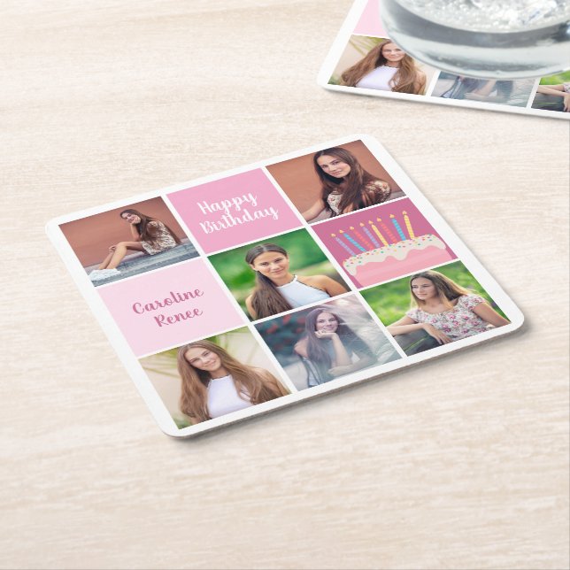 Pink Foto Collage Custom Women's Birthday Party Rechteckiger Pappuntersetzer (angewinkelt)