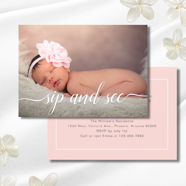 Pink Foto Girly Sip und sehen Babydusche pink Einladung (Sip and See Photo Card)