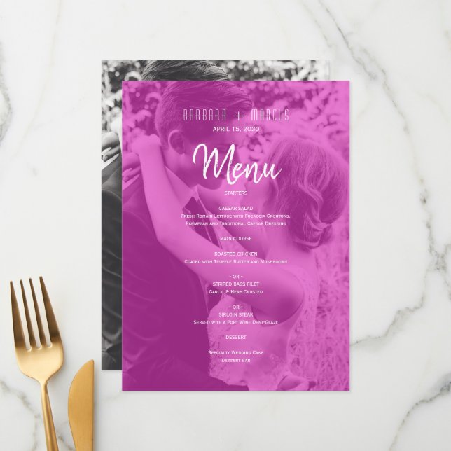Pink Foto Hochzeit Menükarte (Vorderseite/Rückseite Beispiel)