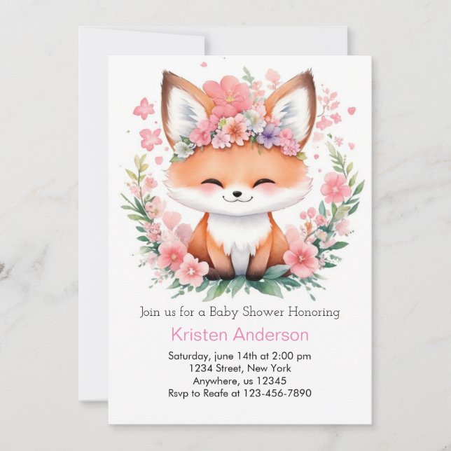 Pink Fox Meadow Blissful Boho Girl Baby Dusche Einladung (Vorderseite)