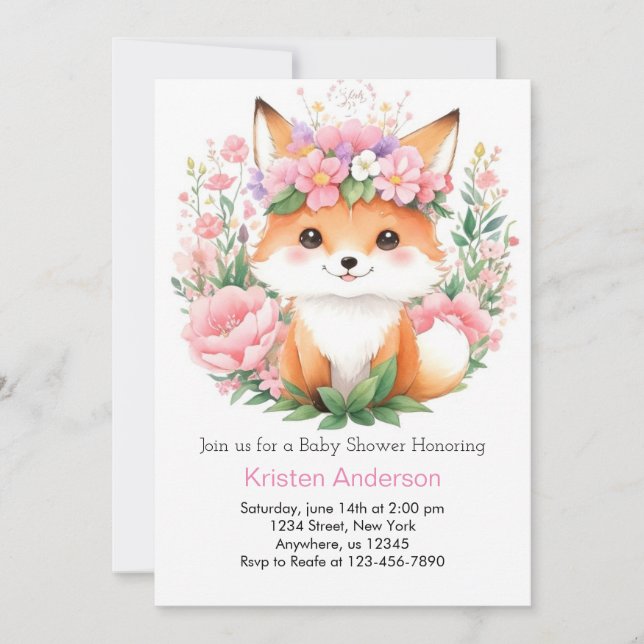 Pink Fox Whimsical Meadow Forest Girl Babydusche Einladung (Vorderseite)