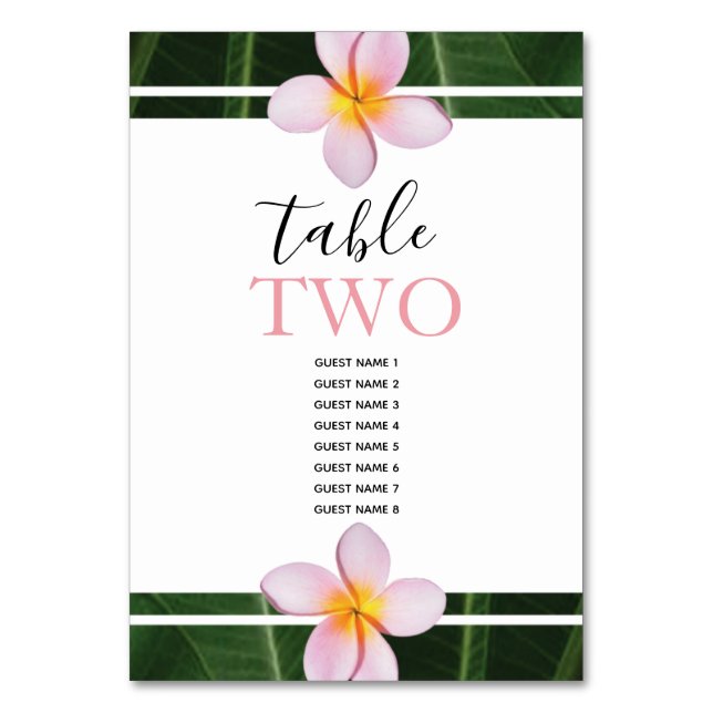 Pink Frangipani Plumeria Wedding Guest Names Tischnummer (Vorderseite)