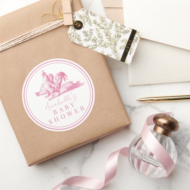 Pink French Country Farm Animal Girl Baby Dusche Runder Aufkleber (Schenken)
