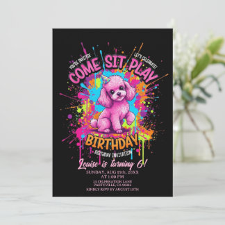 Pink French Poodle Come Sit Play Birthday  Einladung