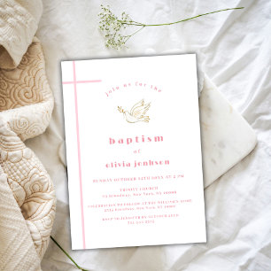 Pink French Simple Bird Christening Girl Baptisse Einladung